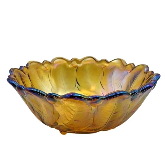 Vintage Indiana Carnival Glass Amber Wild Rose Footed Bowl 1970s Iridescent - Picture 1 of 6